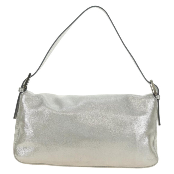FENDI Rhinestone Mamma Baguette Shoulder Bag Leather Silver Auth yk20386SM