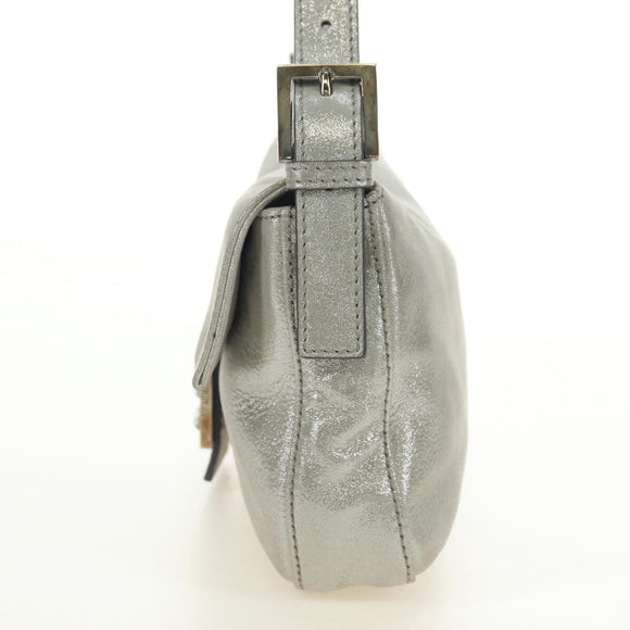 FENDI Rhinestone Mamma Baguette Shoulder Bag Leather Silver Auth yk20386SM
