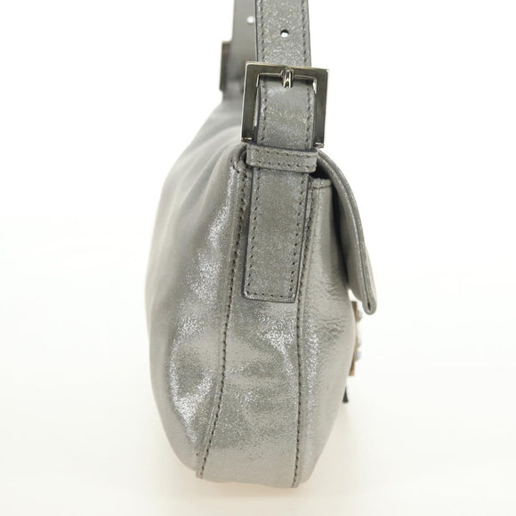 FENDI Rhinestone Mamma Baguette Shoulder Bag Leather Silver Auth yk20386SM