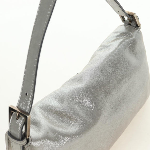 FENDI Rhinestone Mamma Baguette Shoulder Bag Leather Silver Auth yk20386SM