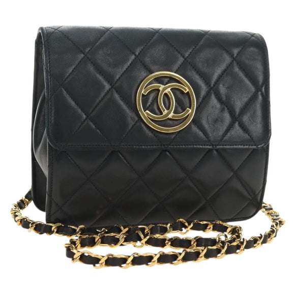 CHANEL Matelasse Ketting Schoudertas Lamsleer Zwart Goud CC Auth yk20399SAV