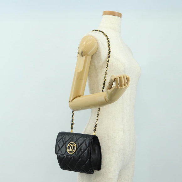 CHANEL Matelasse Ketting Schoudertas Lamsleer Zwart Goud CC Auth yk20399SAV