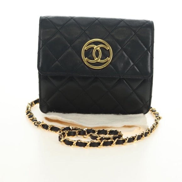 CHANEL Matelasse Ketting Schoudertas Lamsleer Zwart Goud CC Auth yk20399SAV