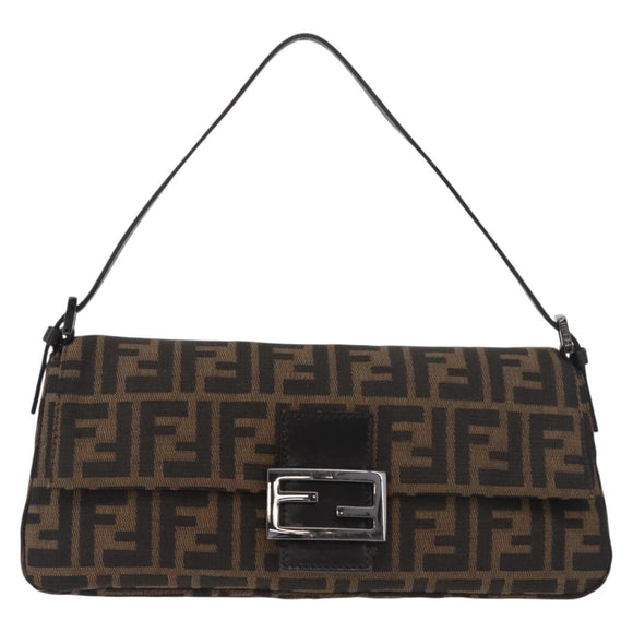 FENDI Zucca Canvas Mamma Baguette Shoulder Bag Black Brown Auth yk20437SAM