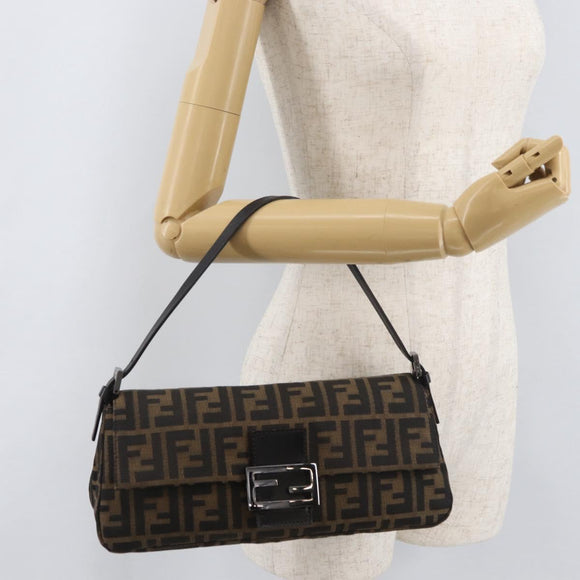 FENDI Zucca Canvas Mamma Baguette Shoulder Bag Black Brown Auth yk20437SAM