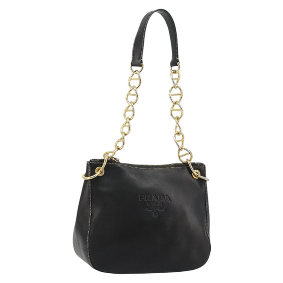 PRADA Umhängetasche Kette Leder Schwarz Gold Auth yk20455A
