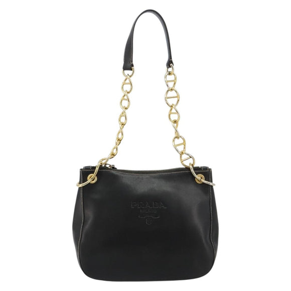 PRADA Umhängetasche Kette Leder Schwarz Gold Auth yk20455A