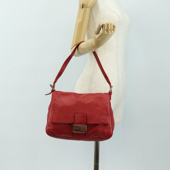FENDI Mamma Baguette Shoulder Bag Leather Red Silver Auth yk20460SAM