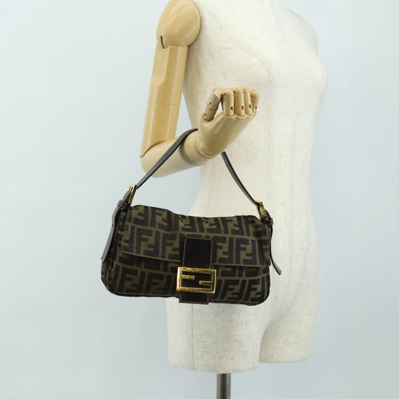 FENDI Zucca Canvas Mamma Baguette Shoulder Bag Black Brown Auth yk20463SM