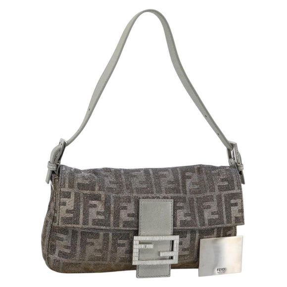 FENDI Zucca Canvas Rhinestone Mamma Baguette Shoulder Bag Silver Auth yk20474SM