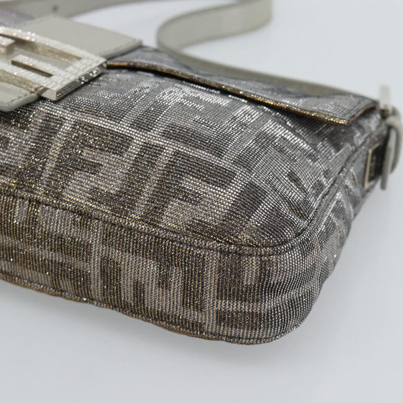 FENDI Zucca Canvas Rhinestone Mamma Baguette Shoulder Bag Silver Auth yk20474SM