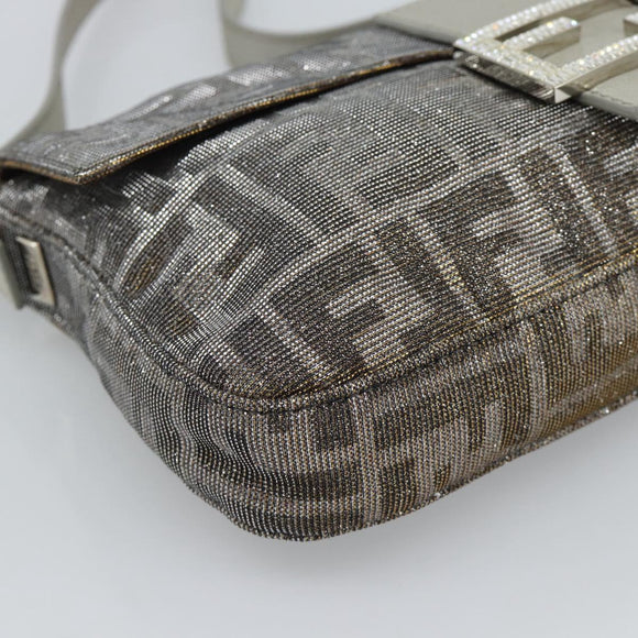 FENDI Zucca Canvas Rhinestone Mamma Baguette Shoulder Bag Silver Auth yk20474SM