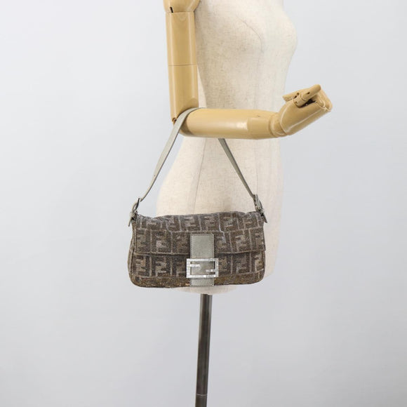FENDI Zucca Canvas Rhinestone Mamma Baguette Shoulder Bag Silver Auth yk20474SM