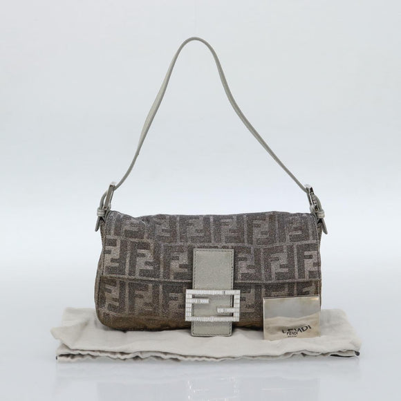 FENDI Zucca Canvas Rhinestone Mamma Baguette Shoulder Bag Silver Auth yk20474SM