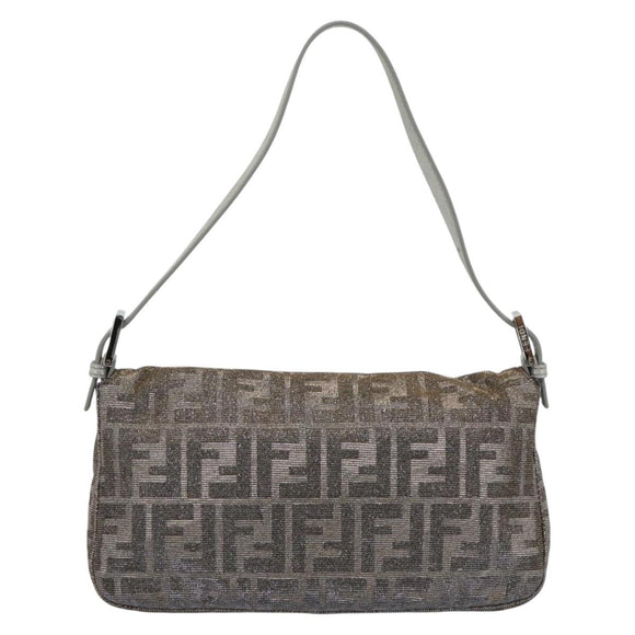 FENDI Zucca Canvas Rhinestone Mamma Baguette Shoulder Bag Silver Auth yk20474SM