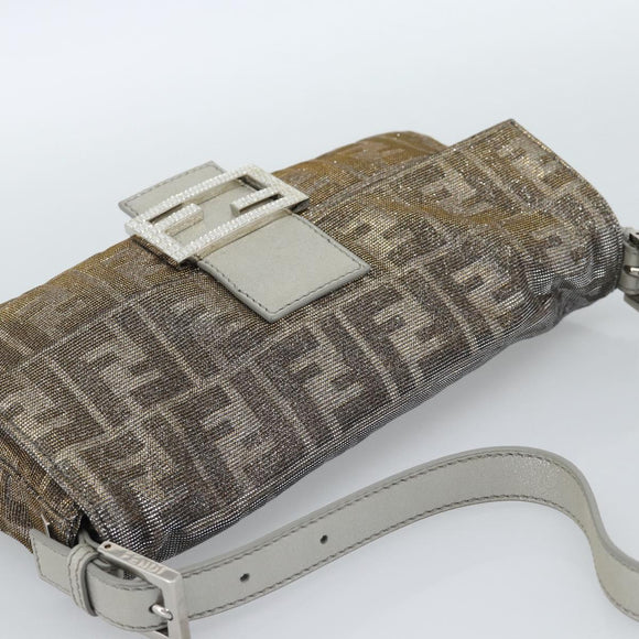 FENDI Zucca Canvas Rhinestone Mamma Baguette Shoulder Bag Silver Auth yk20474SM