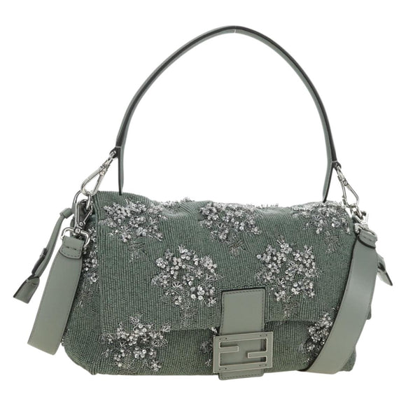 FENDI Mamma Baguette Shoulder Bag Beads 2way Green Silver Auth yk20510SM