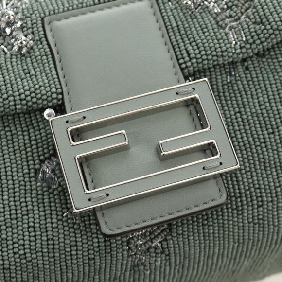 FENDI Mamma Baguette Shoulder Bag Beads 2way Green Silver Auth yk20510SM