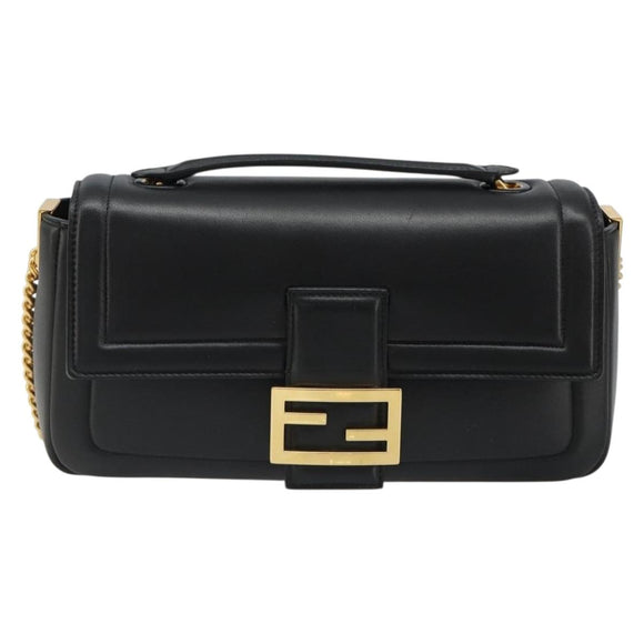 FENDI baguette Chain Shoulder Bag Leather Black Gold Auth yk20513SAV