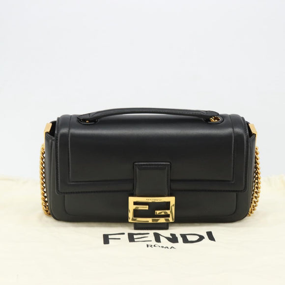 FENDI baguette Chain Shoulder Bag Leather Black Gold Auth yk20513SAV