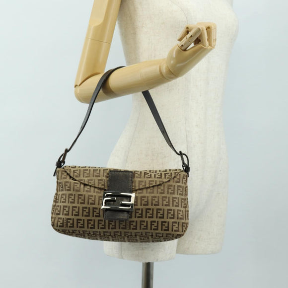 FENDI Zucchino Canvas Mamma Baguette Shoulder Bag Beige Silver Auth yk20536SAM