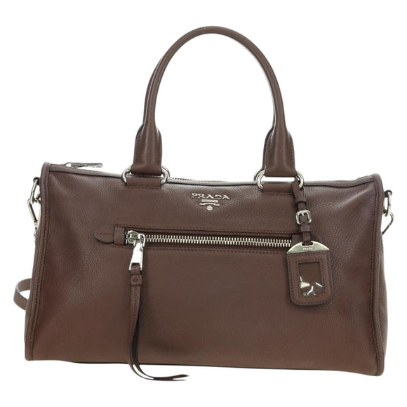 PRADA Hand Bag Leather 2way Brown Silver Auth yk20539SAM
