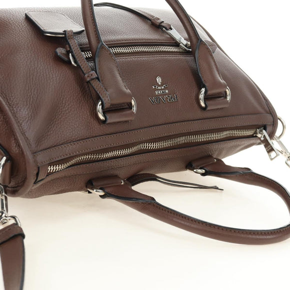 PRADA Hand Bag Leather 2way Brown Silver Auth yk20539SAM