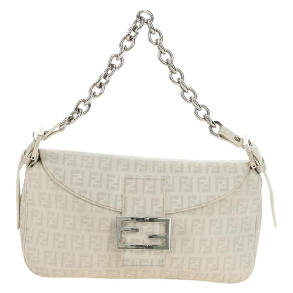 FENDI Zucchino Canvas Mamma Baguette Bag PVC White Silver Auth yk20548SAM