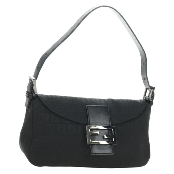 FENDI Zucchino Canvas Mamma Baguette Shoulder Bag Black Silver Auth yk20555SAM