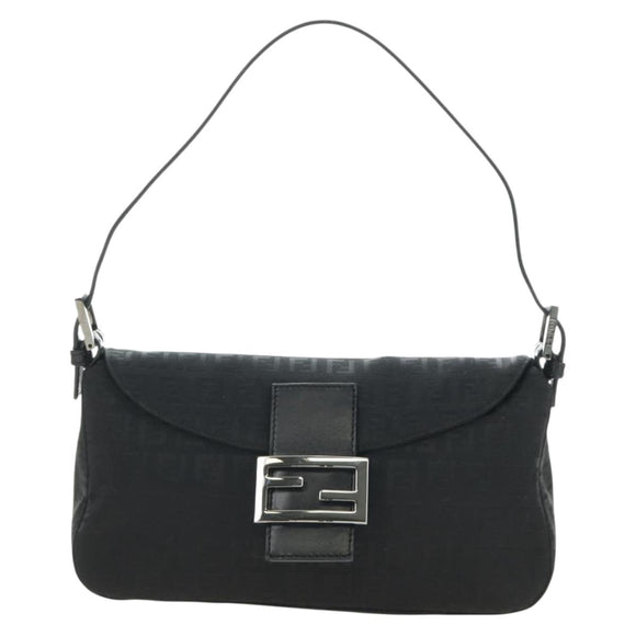 FENDI Zucchino Canvas Mamma Baguette Shoulder Bag Black Silver Auth yk20555SAM