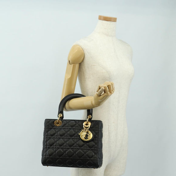 Christian Dior Canage Hand Bag Lamb Skin Black Gold Auth yk20569SAM