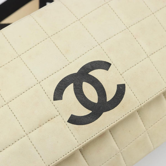 CHANEL Choco Bar Shoulder Bag Lamb Skin White Gold CC Auth yk20586