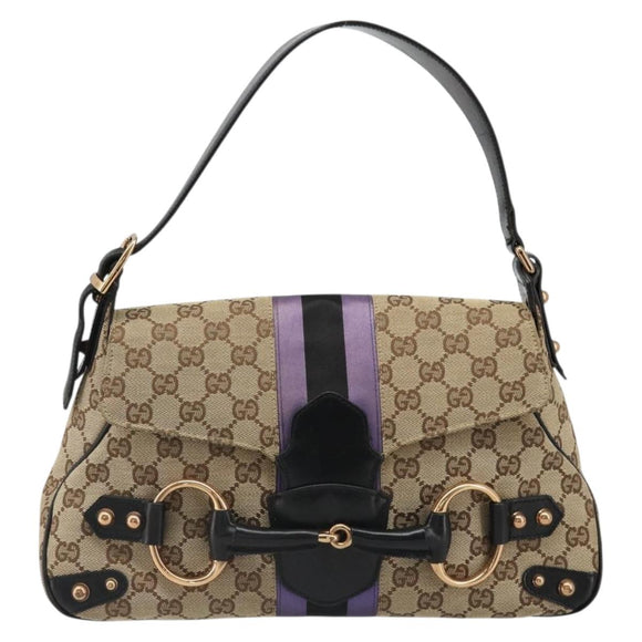 GUCCI GG Canvas Horsebit Sherry Line Bag Beige Gold 129500 Auth yk20593SAV
