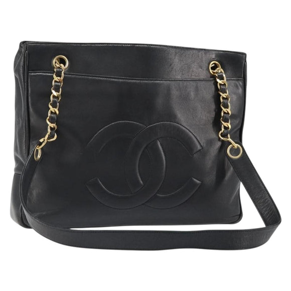 CHANEL COCO Mark Chain Tote Bag Leather Black Gold CC Auth yk20595