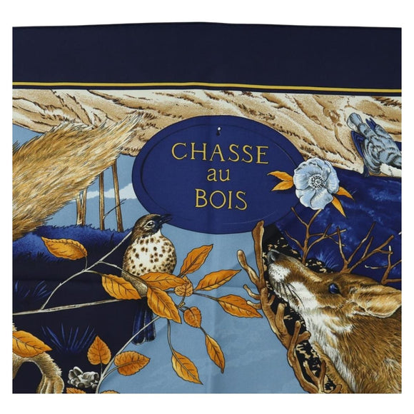 HERMES Carre 90 Scarf ""CHASSE au BOIS"" Silk Navy Auth yk20604M