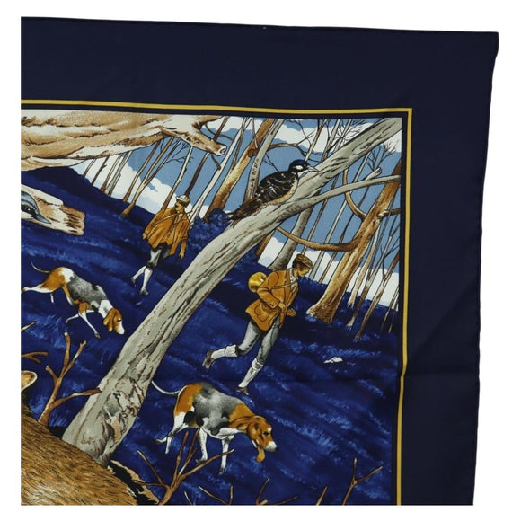 HERMES Carre 90 Scarf ""CHASSE au BOIS"" Silk Navy Auth yk20604M