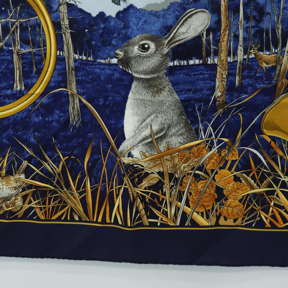HERMES Carre 90 Scarf ""CHASSE au BOIS"" Silk Navy Auth yk20604M