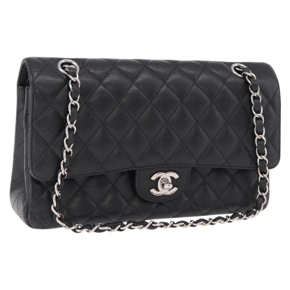 CHANEL Chain Matelasse 25 Bag Caviar Skin Black Silver CC Auth yk20612SM