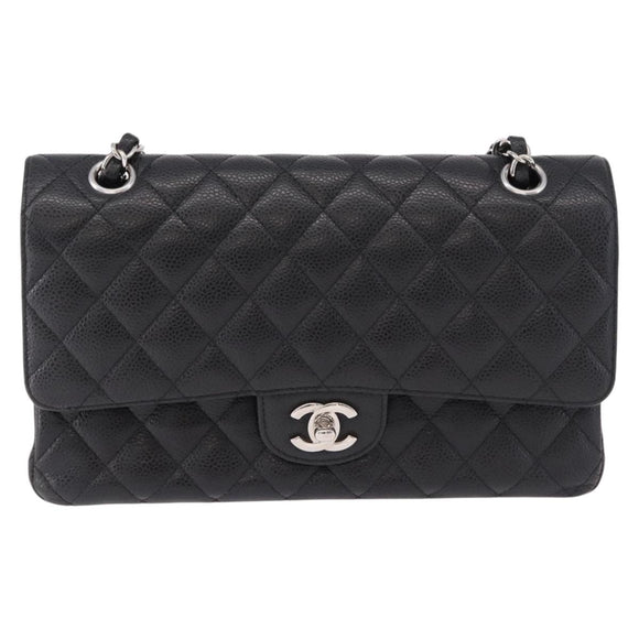 CHANEL Chain Matelasse 25 Bag Caviar Skin Black Silver CC Auth yk20612SM