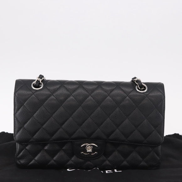 CHANEL Chain Matelasse 25 Bag Caviar Skin Black Silver CC Auth yk20612SM