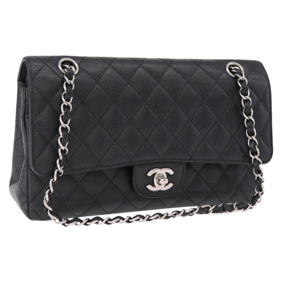 CHANEL Chain Matelasse 25 Bag Caviar Skin Black Silver CC Auth yk20613SM