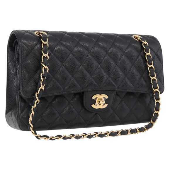 CHANEL Chain Matelasse 25 Shoulder Bag Caviar Skin Black Gold CC Auth yk20615SM