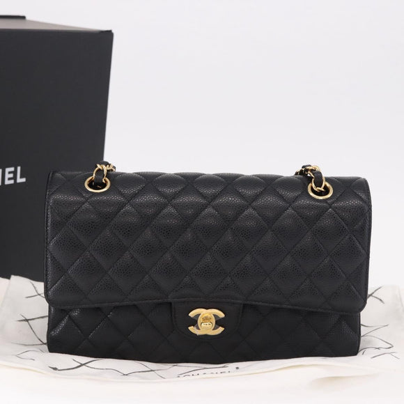 CHANEL Chain Matelasse 25 Shoulder Bag Caviar Skin Black Gold CC Auth yk20615SM