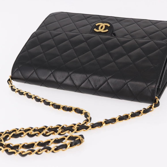 CHANEL Matelasse Chain Shoulder Bag Lamb Skin Black Gold CC Auth yk20616SAM