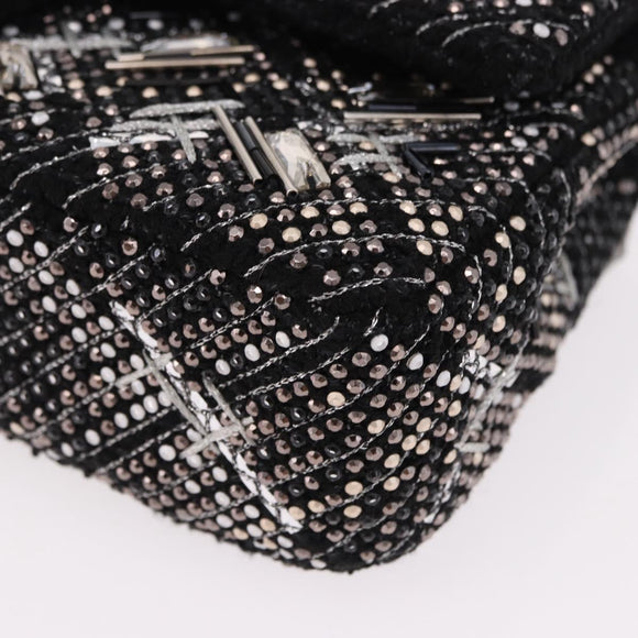 CHANEL beads Chain Matelasse 25 Bag Tweed Black Silver CC Auth yk20617SM