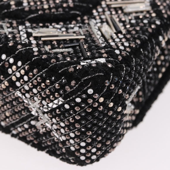 CHANEL beads Chain Matelasse 25 Bag Tweed Black Silver CC Auth yk20617SM