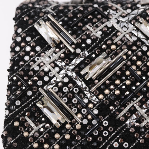 CHANEL beads Chain Matelasse 25 Bag Tweed Black Silver CC Auth yk20617SM