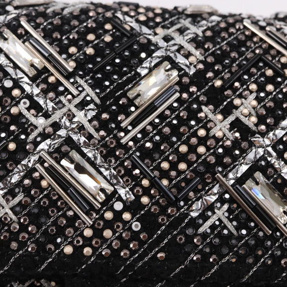 CHANEL beads Chain Matelasse 25 Bag Tweed Black Silver CC Auth yk20617SM