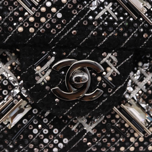 CHANEL beads Chain Matelasse 25 Bag Tweed Black Silver CC Auth yk20617SM