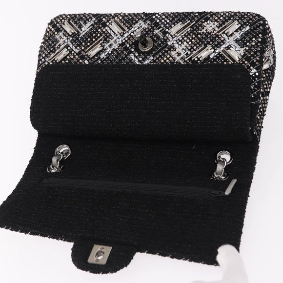 CHANEL beads Chain Matelasse 25 Bag Tweed Black Silver CC Auth yk20617SM